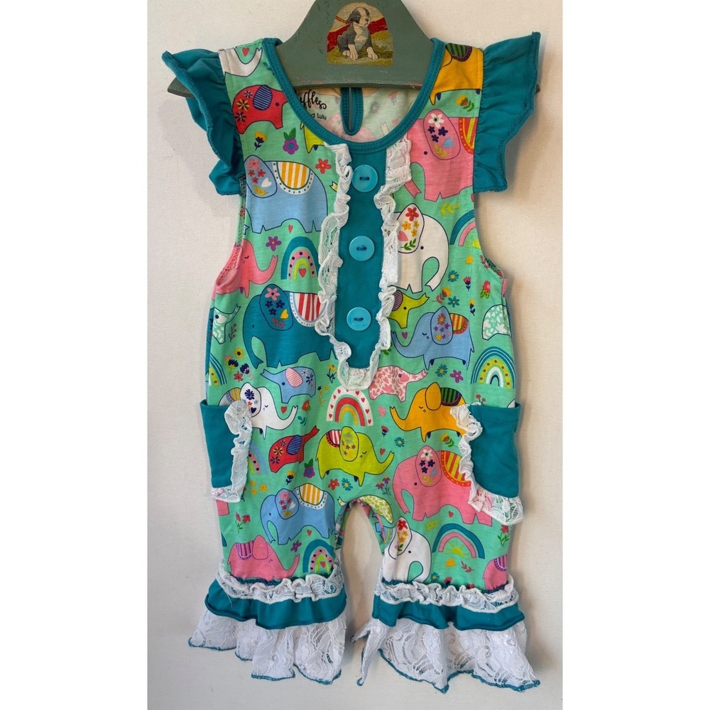 Ruffles by Tutu and Lulu Elephant Rainbow Romper Baby Girl 6-12M Green Excellent
